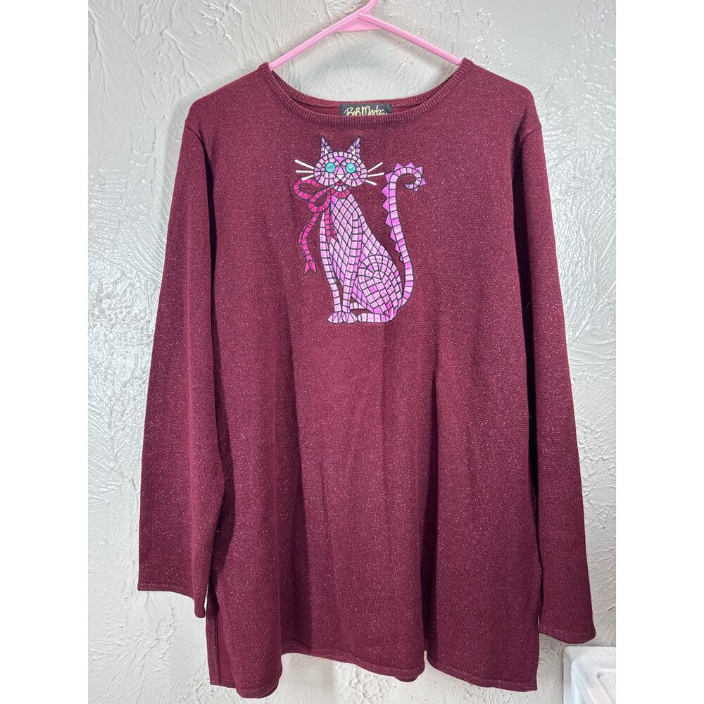BOB MACKIE Wearable Art Cat Graphic Embroidered Scoop Neck Sweater Shimmer Large